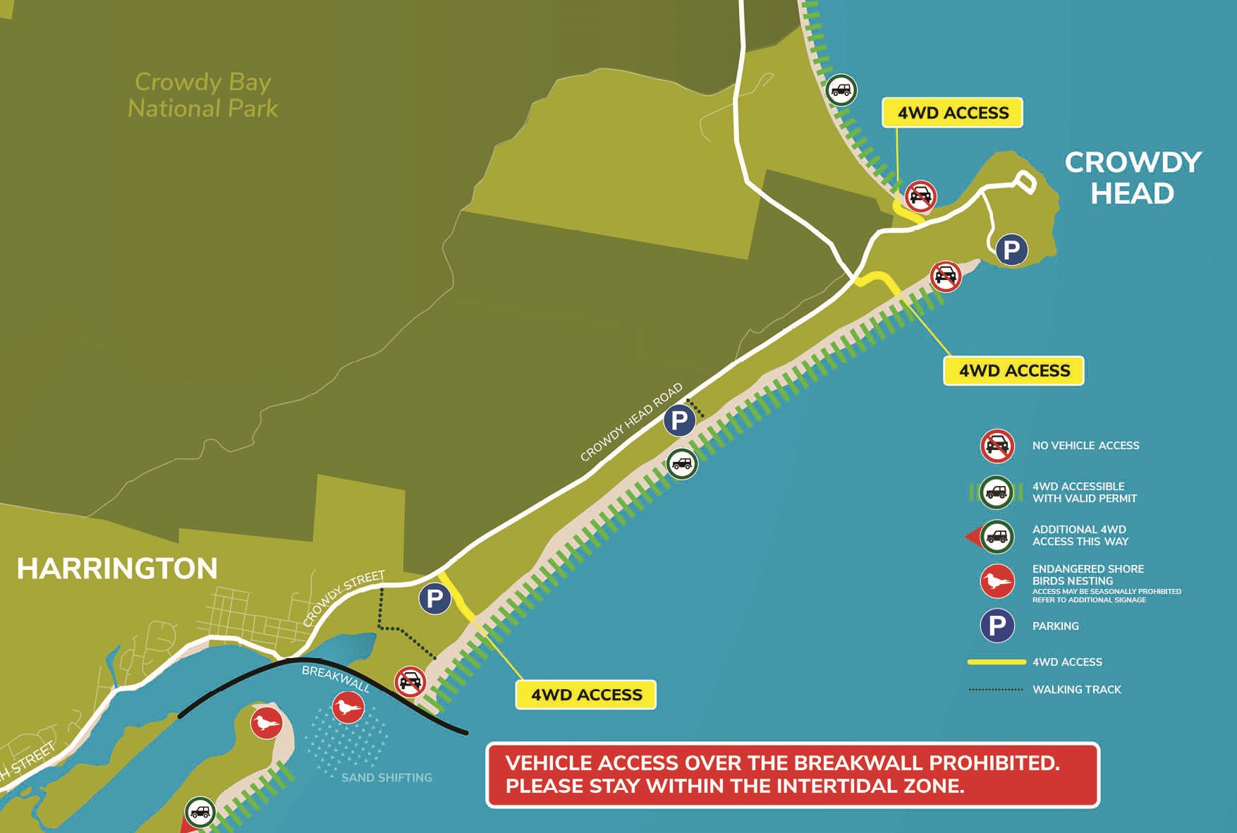 Crowdy South to Harrington vehicle beach access map
